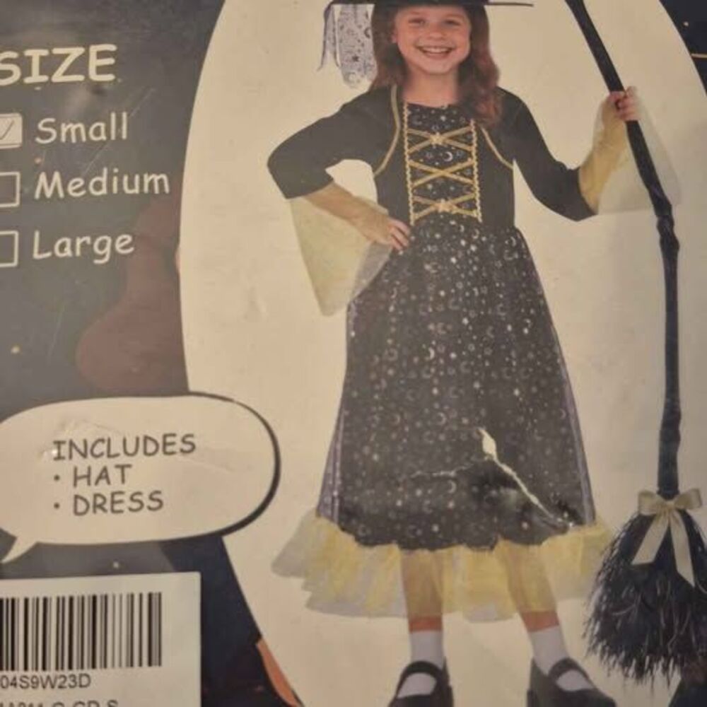 Witch Costume - Black Dress with Star & Moon Pattern & Witches Hat Small